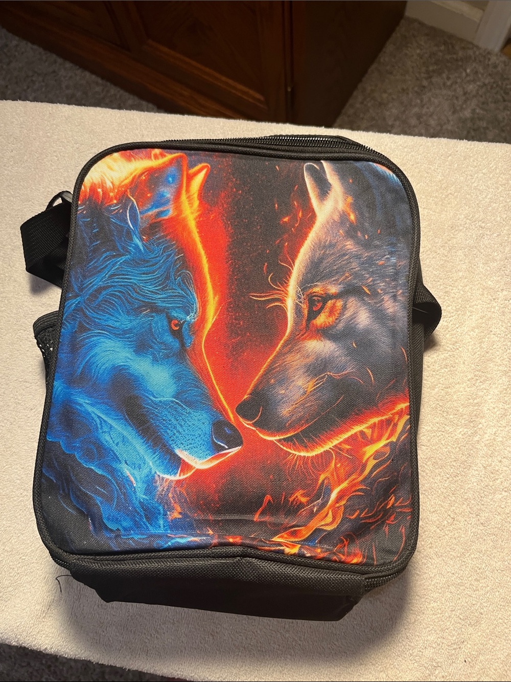 Wolf Flame Print Crossbody Bag - Blue & Orange